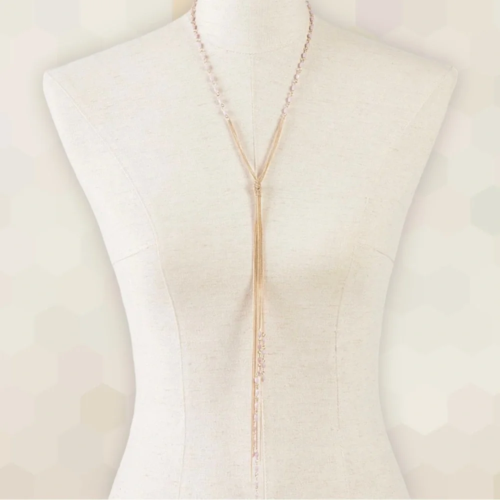 NEW Whimsical Mauve Mixed Stones & Chain Knotted Tassel Necklace